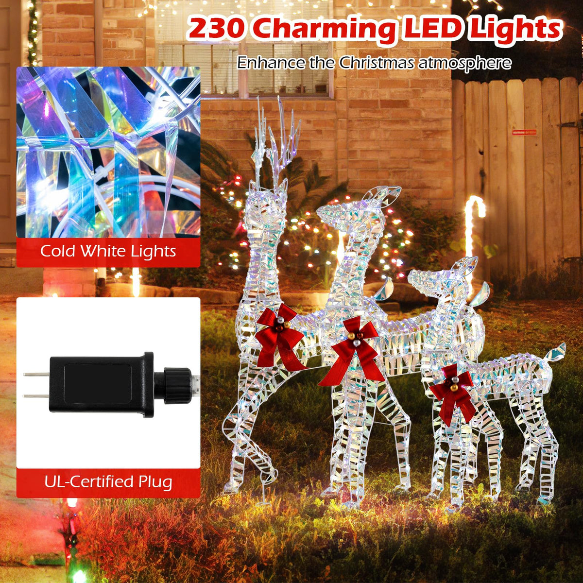 Lucktree 3-Piece Large Lighted Christmas Reindeer Family, Light up Xmas Decorations w/LED Lights & Bows
