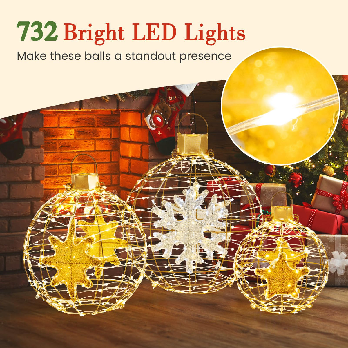 Lucktree 3 PCS Pre-Lit Lantern Balls, Hanging/Standing Christmas Ornaments with 732 Bright LED Lights, Zip Ties & Ground Stakes