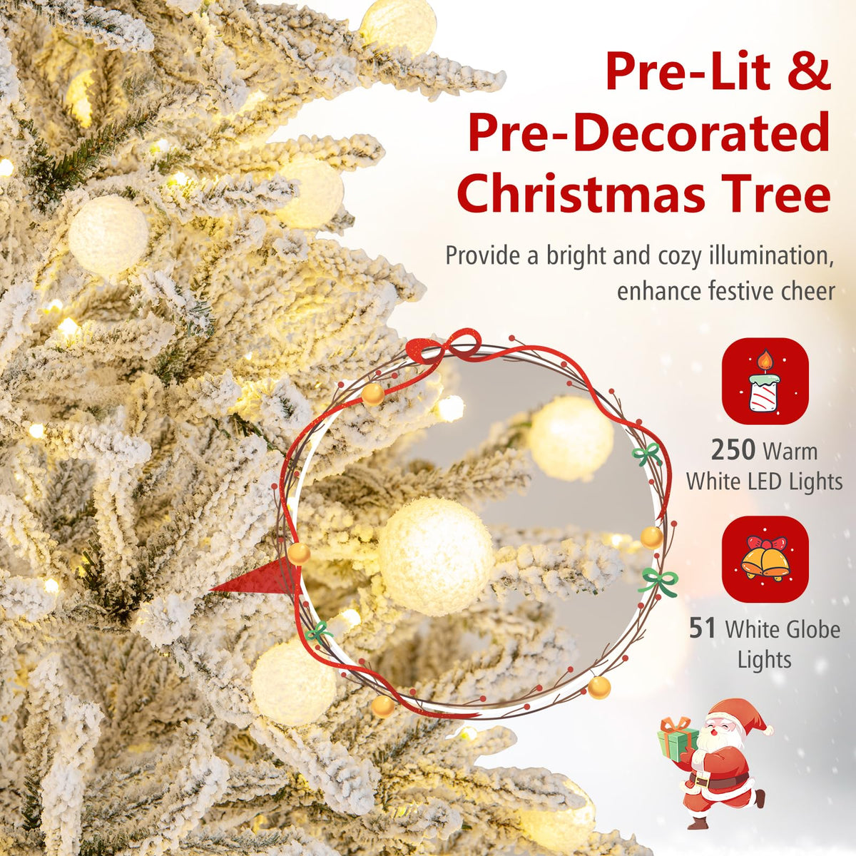 Lucktree Pre-Lit Snow Flocked Christmas Tree with Warm White LED Lights & Globe Lights