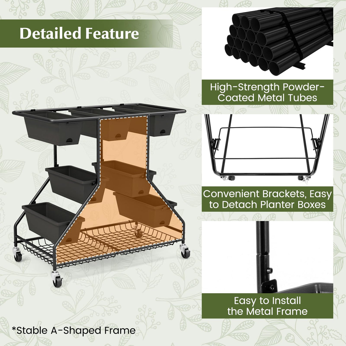 Lucktree Rolling Raised Garden Bed w/ 7 Planter Boxes, Storage Baskets, Drainage Holes