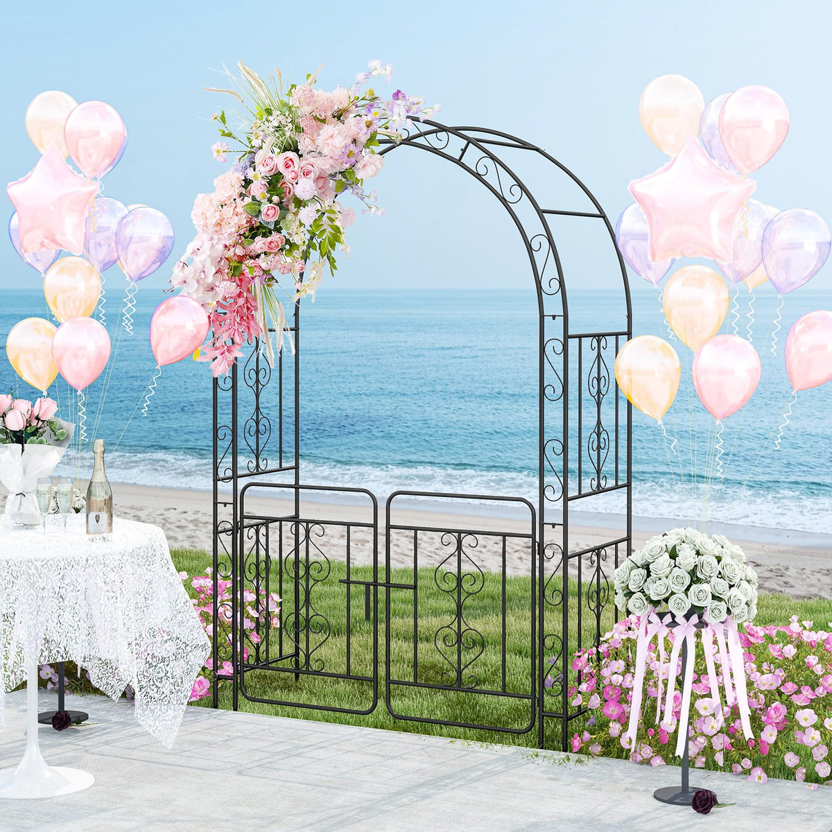 Lucktree Garden Arbor with Gate, 84" H x 54" W Metal Arch Trellis for Climbing Plants Rose Vines