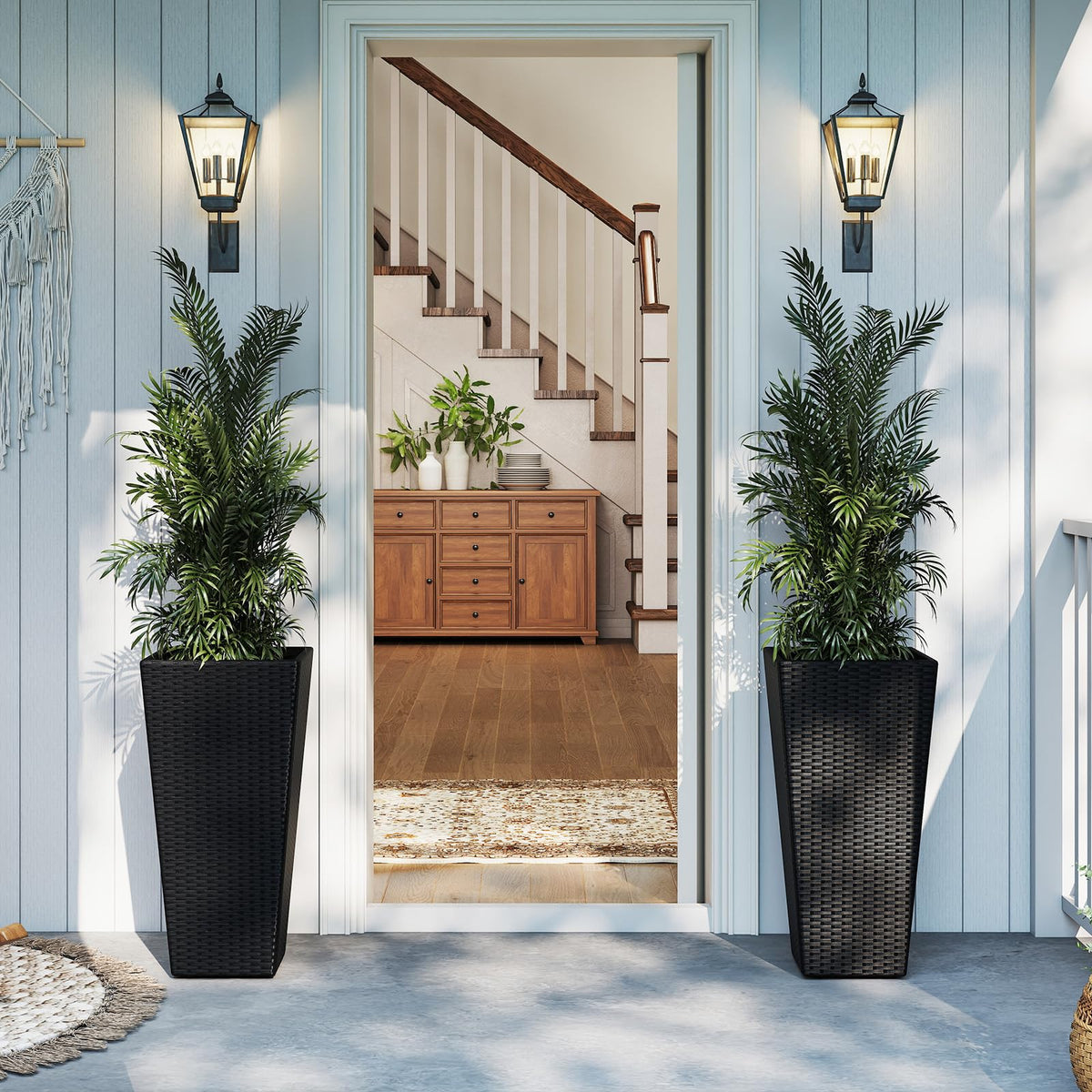 Lucktree Set of 2 Outdoor Wicker Flower Pot 30 Inch Tall Planters with Drainage System