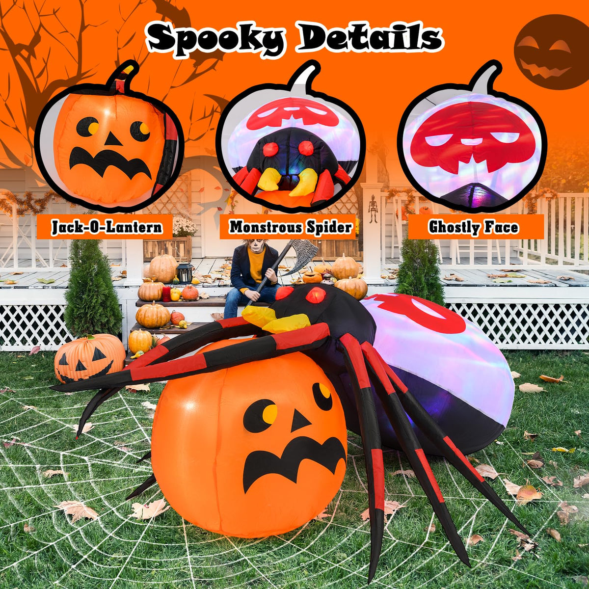 Lucktree 5 FT Halloween Inflatable Spider with Pumpkin, LED Lighted Halloween Decoration