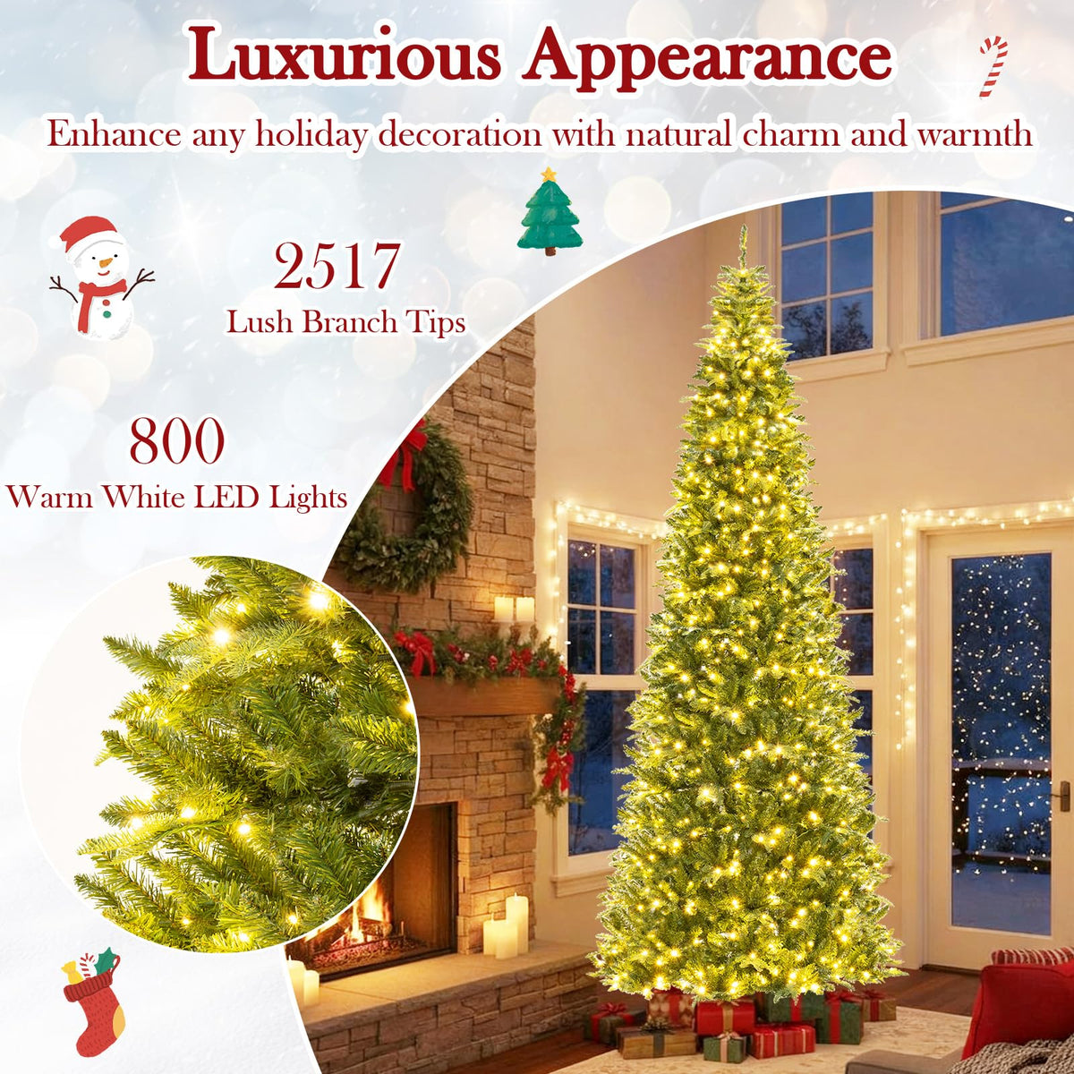 Lucktree 12 FT Tall Pre-Lit Hinged Xmas Tree with Quick Power Connector