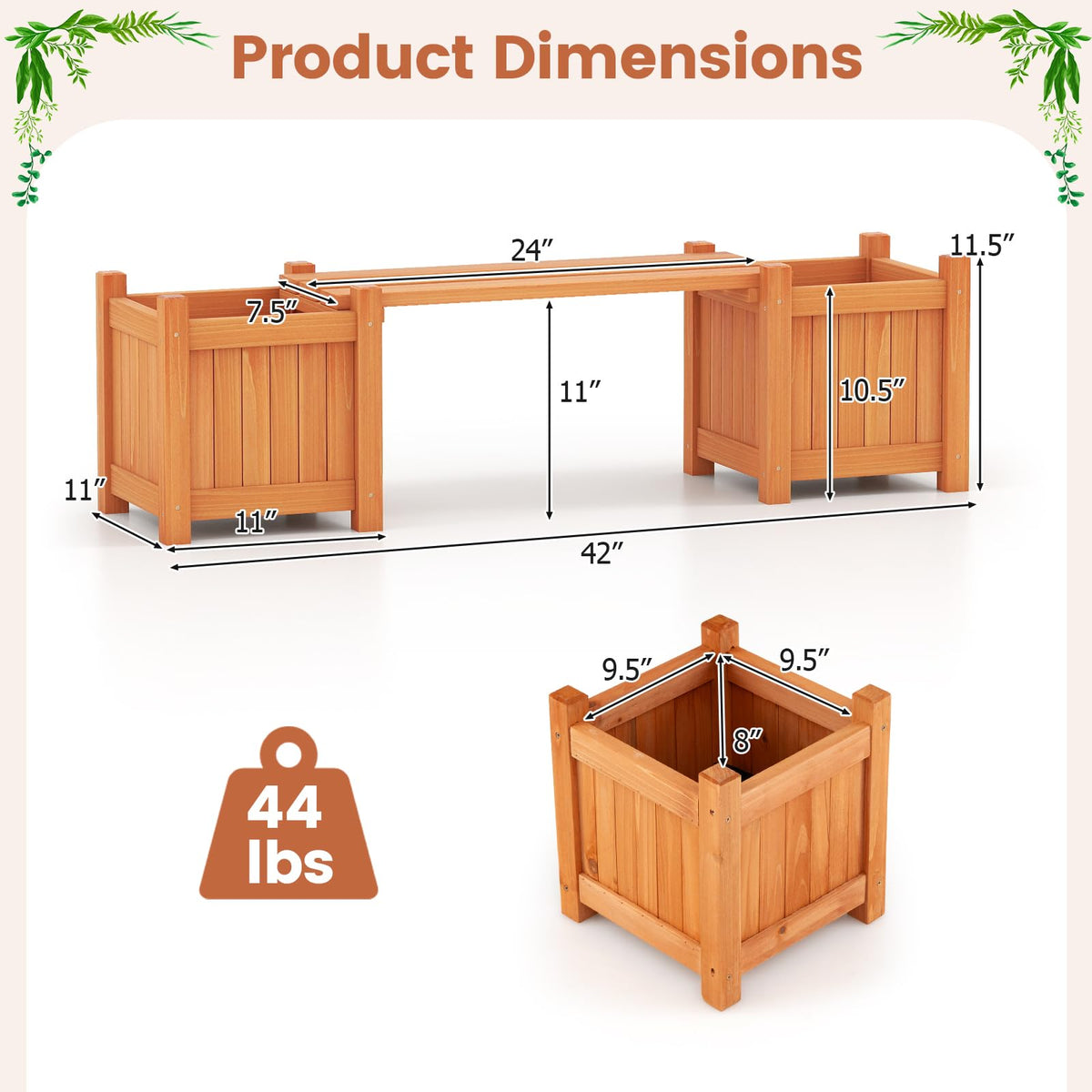 Lucktree Outdoor Bench with Raised Garden Beds (42"x11"x11.5")