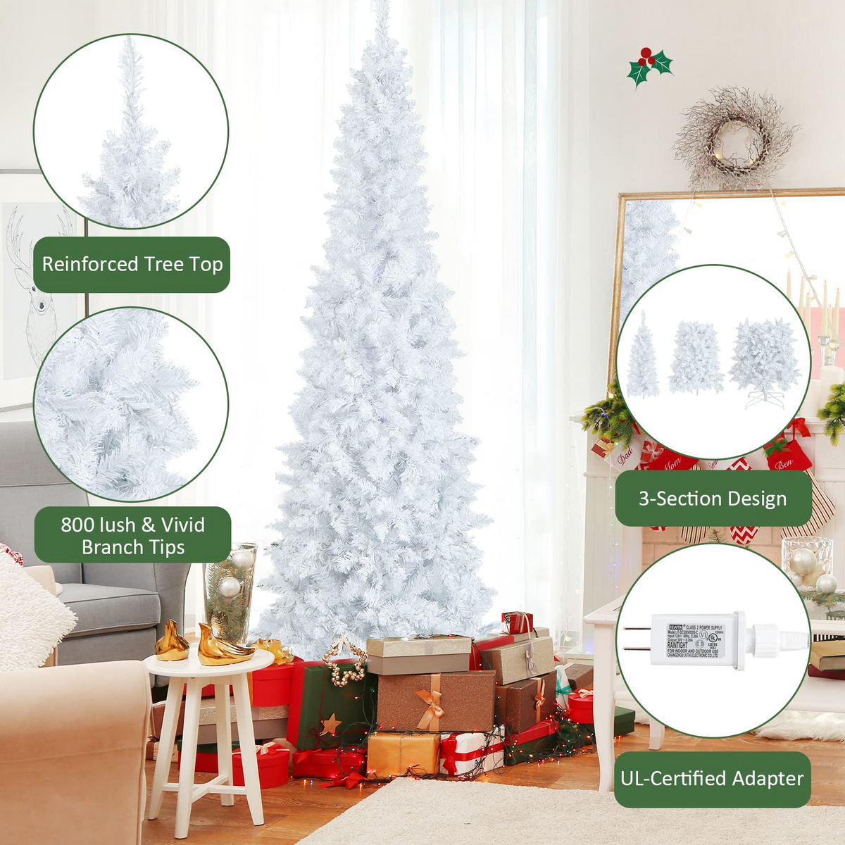 Lucktree 7ft White Pre-Lit Pencil Christmas Tree, Artificial Hinged Slim Tree with 800 Tips, 300 Warm White Lights - LucktreeUS