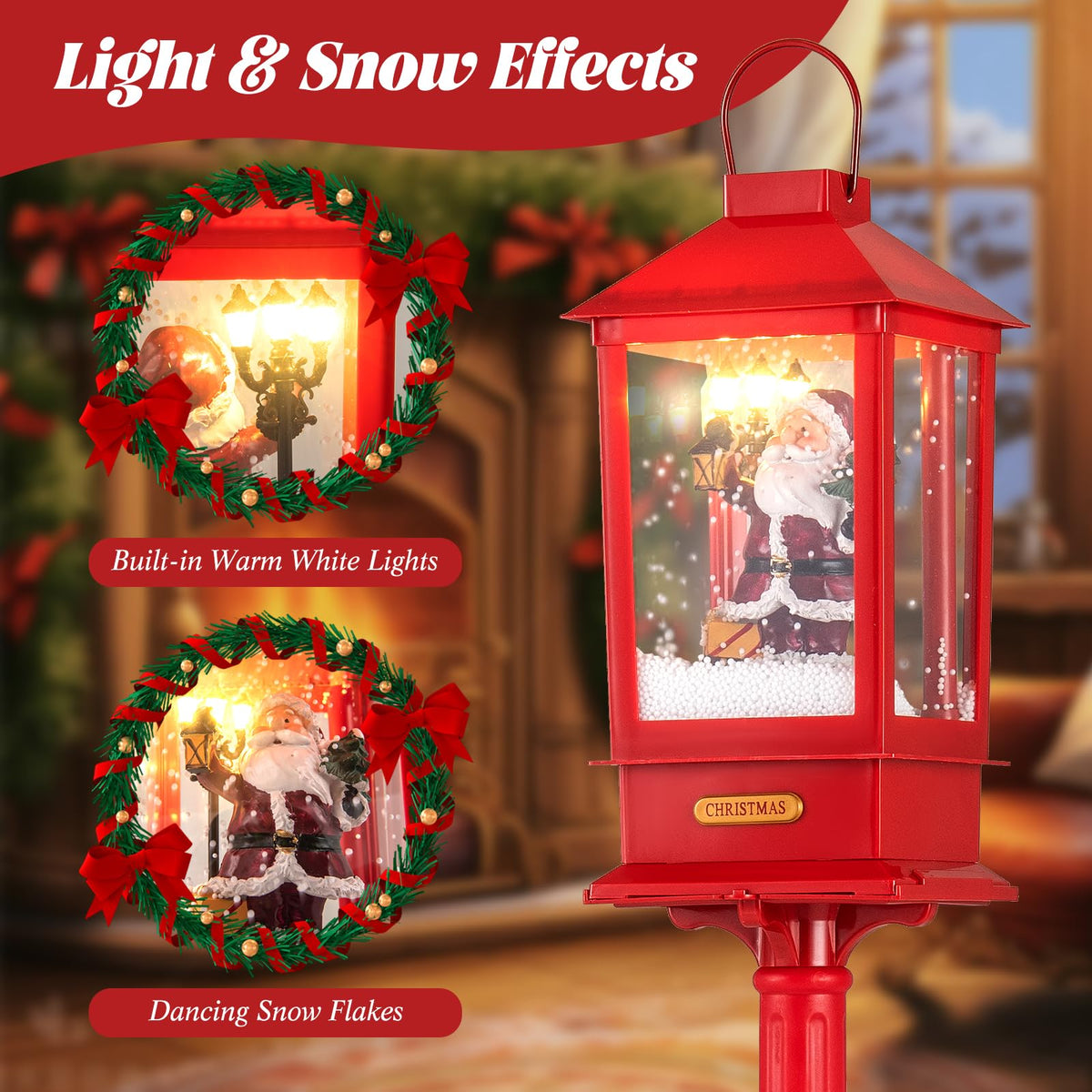 Lucktree 61 Inch Christmas Street Lamp, Festive Musical Lamp Post w/Detachable Snow Globe Lantern
