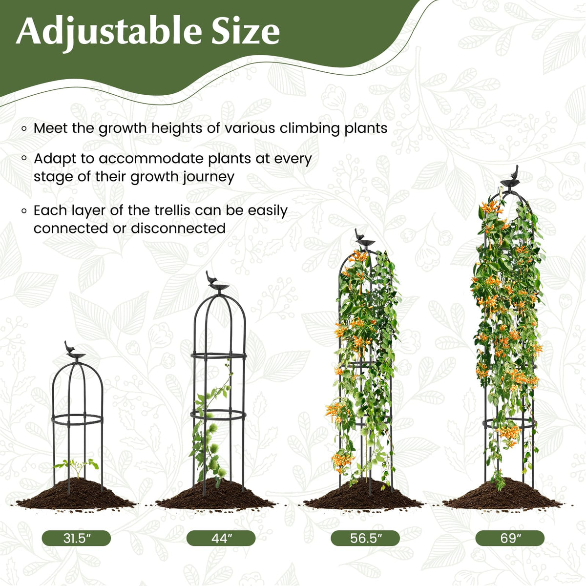 Lucktree 2-Pack Tomato Cages, 69” PE-Coated Metal Garden Obelisk Trellis for Climbing Plants