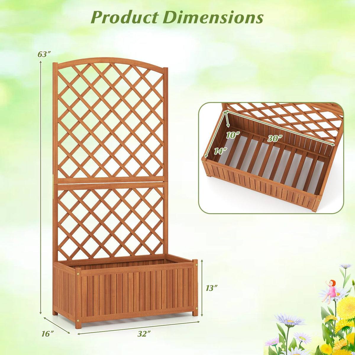 Lucktree Solid Acacia Wood Planter Box with Trellis 63" Raised Garden Bed with Trellis