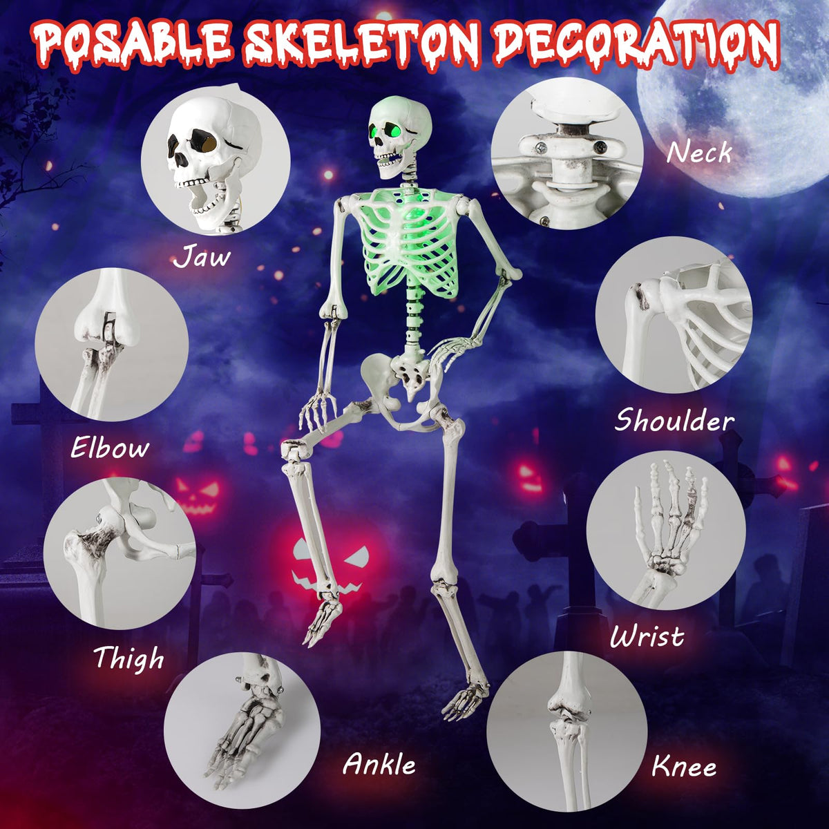 Lucktree 63" Life-Size Posable Skeleton with Green LED Lights Halloween Lighted Skeleton Decoration