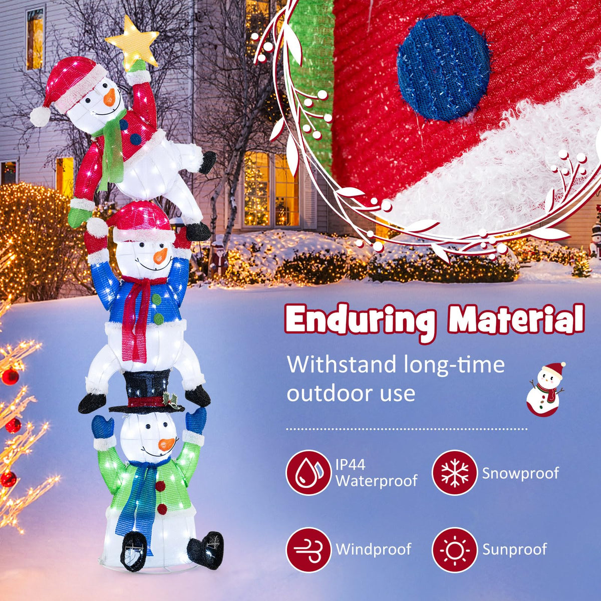 Lucktree 6 ft Christmas Stacked Snowman, 3D Pre-Lit Snowman Decoration w/ 155 LED Lights