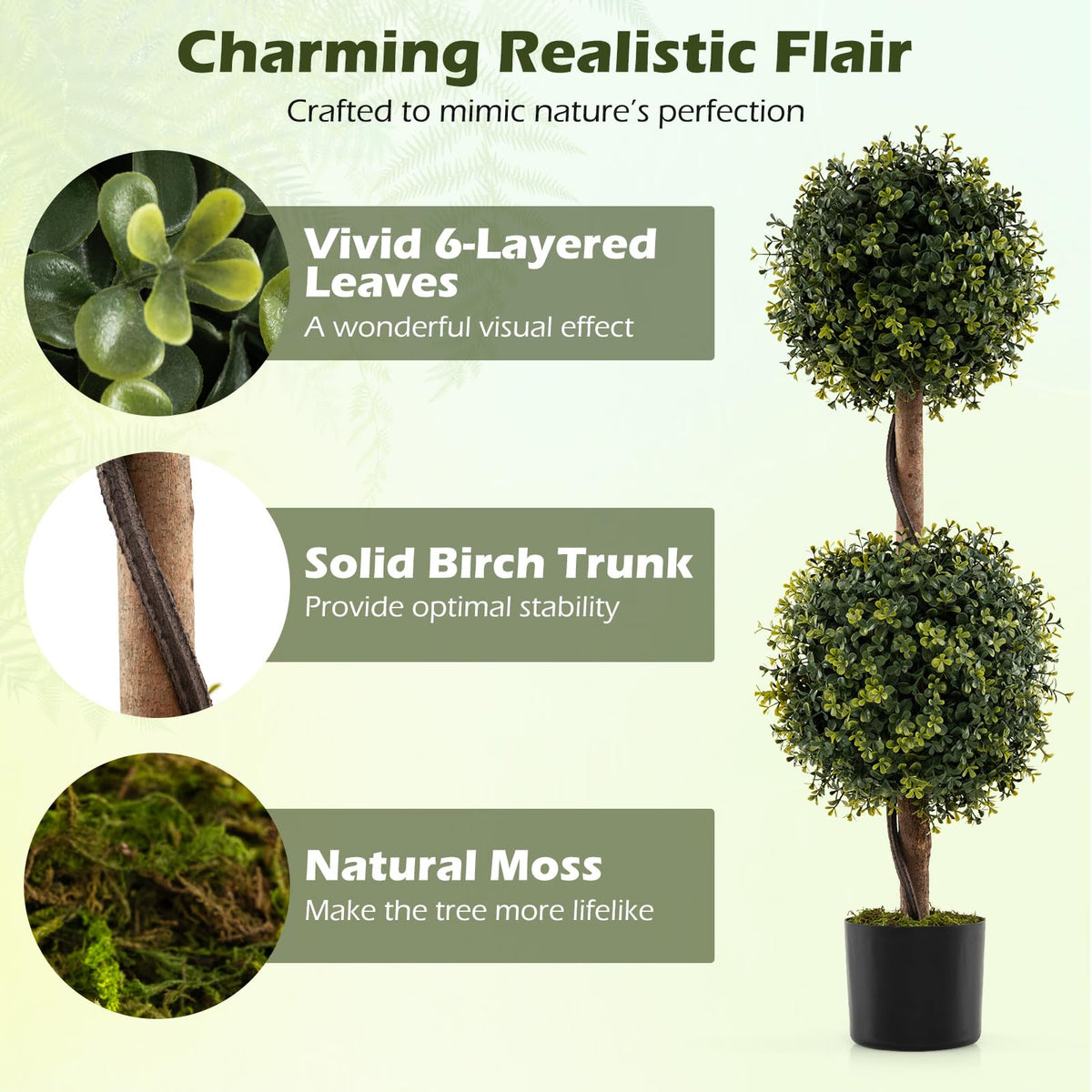 Lucktree 3 FT Artificial Boxwood Topiary Trees Set of 2 Faux Outdoor Topiary Ball Tree with Cement-Filled Pot