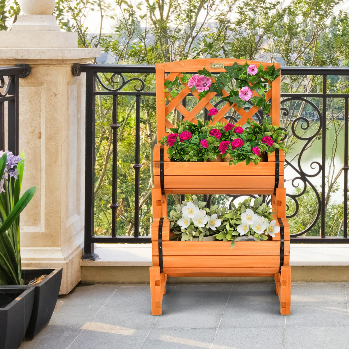 Lucktree Raised Garden Bed with 2 Barrel Planters & Trellis, 2-Tier Freestanding Wooden Raised Bed for Vegetable Flower Fruit