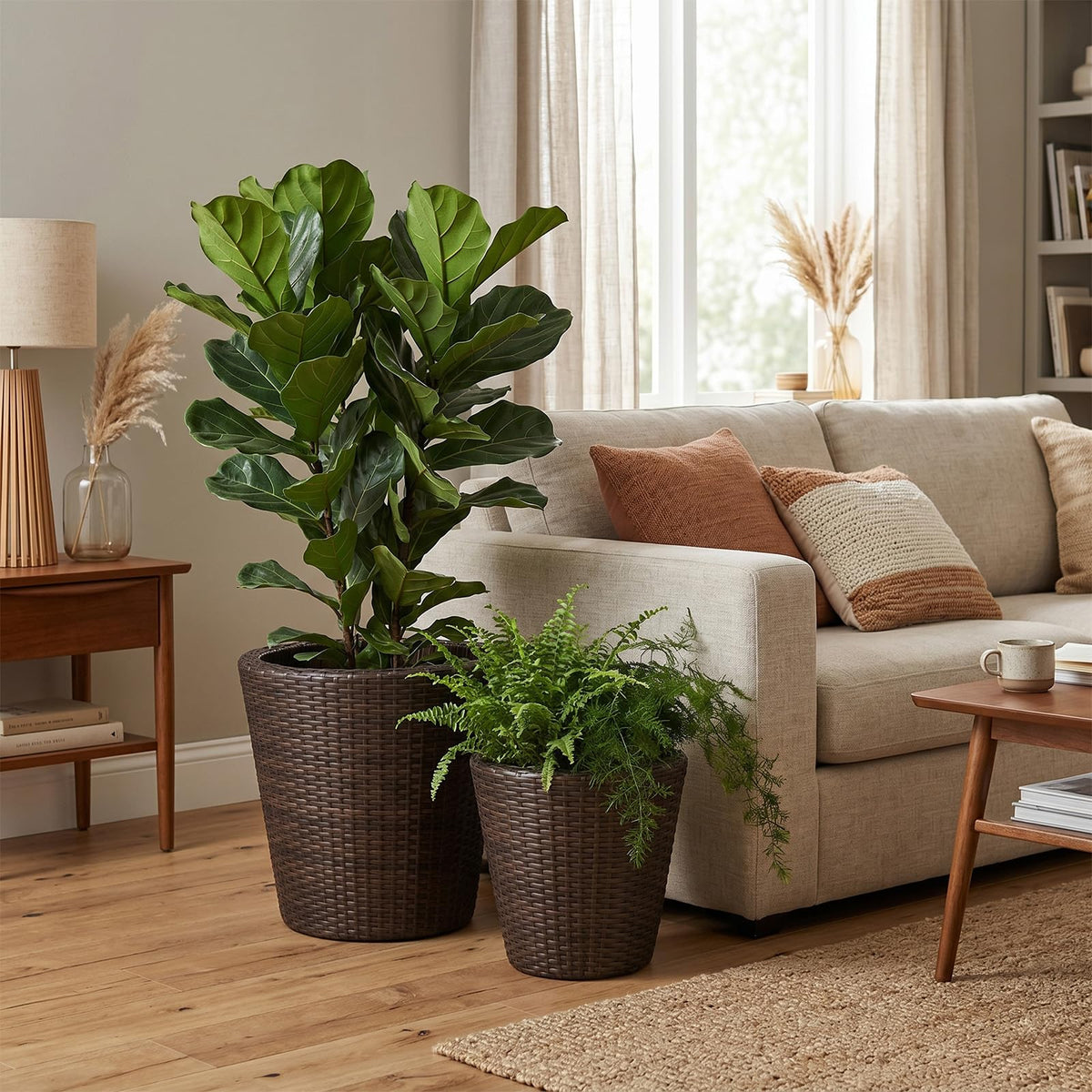 Lucktree Set of 2 Plastic Planters | 15 Inch & 11.5 Inch Taper Rattan Planters with Drainage Holes