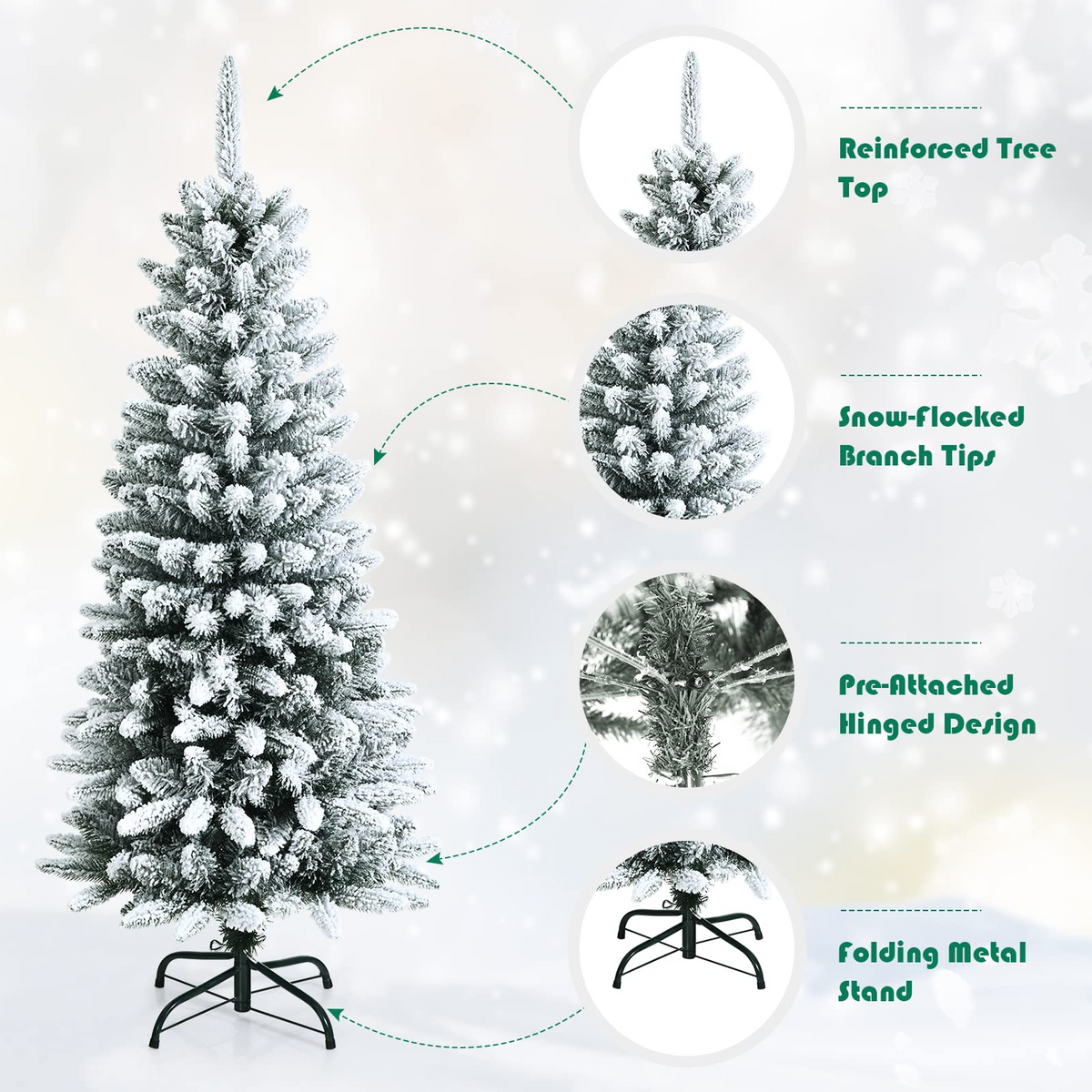 Lucktree Snow Flocked Pencil Christmas Tree, Hinged Artificial Slim Xmas Tree - LucktreeUS