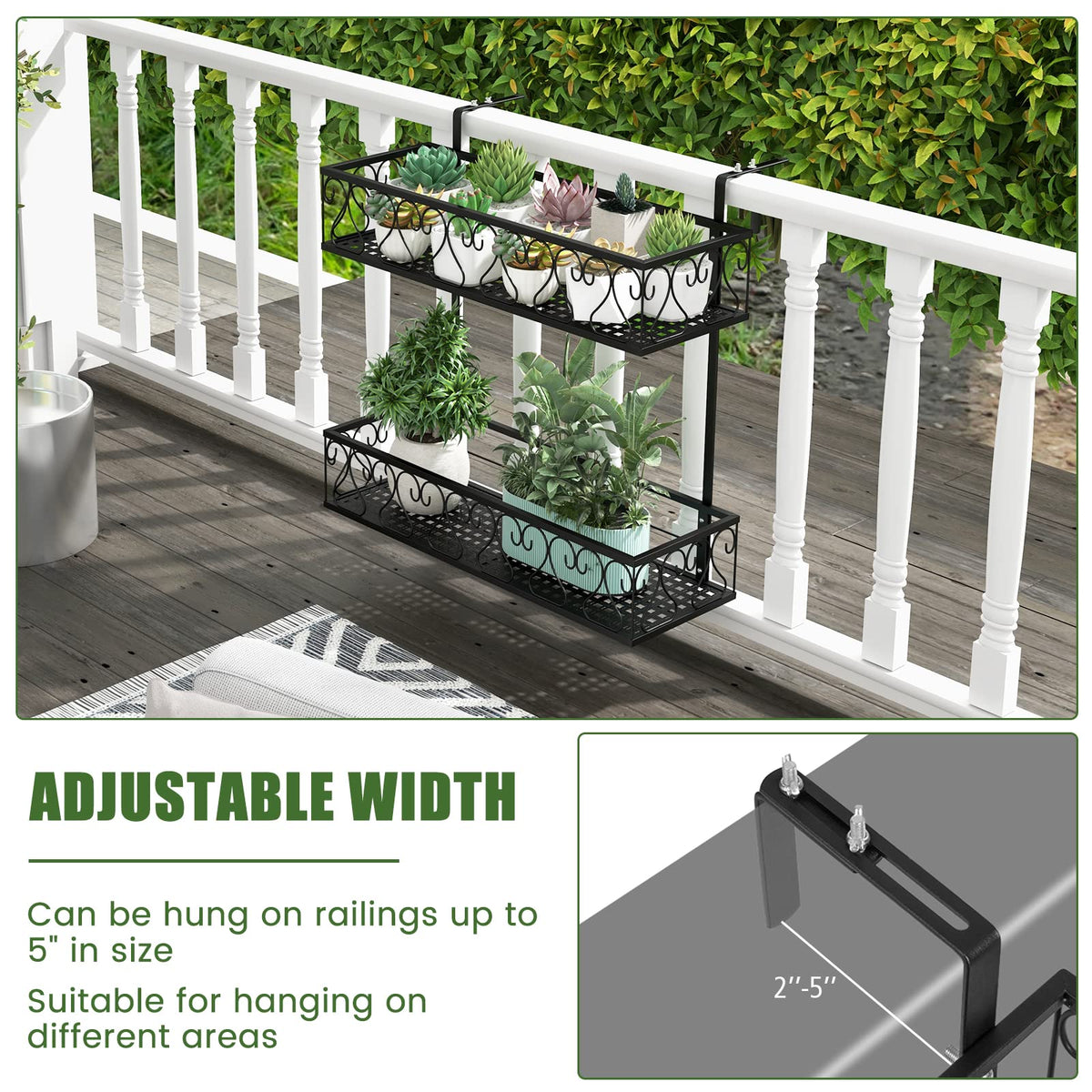 Lucktree Balcoy Flower Pot Stand Rack w/ Adjustable Hooks & 2 Planter Baskets