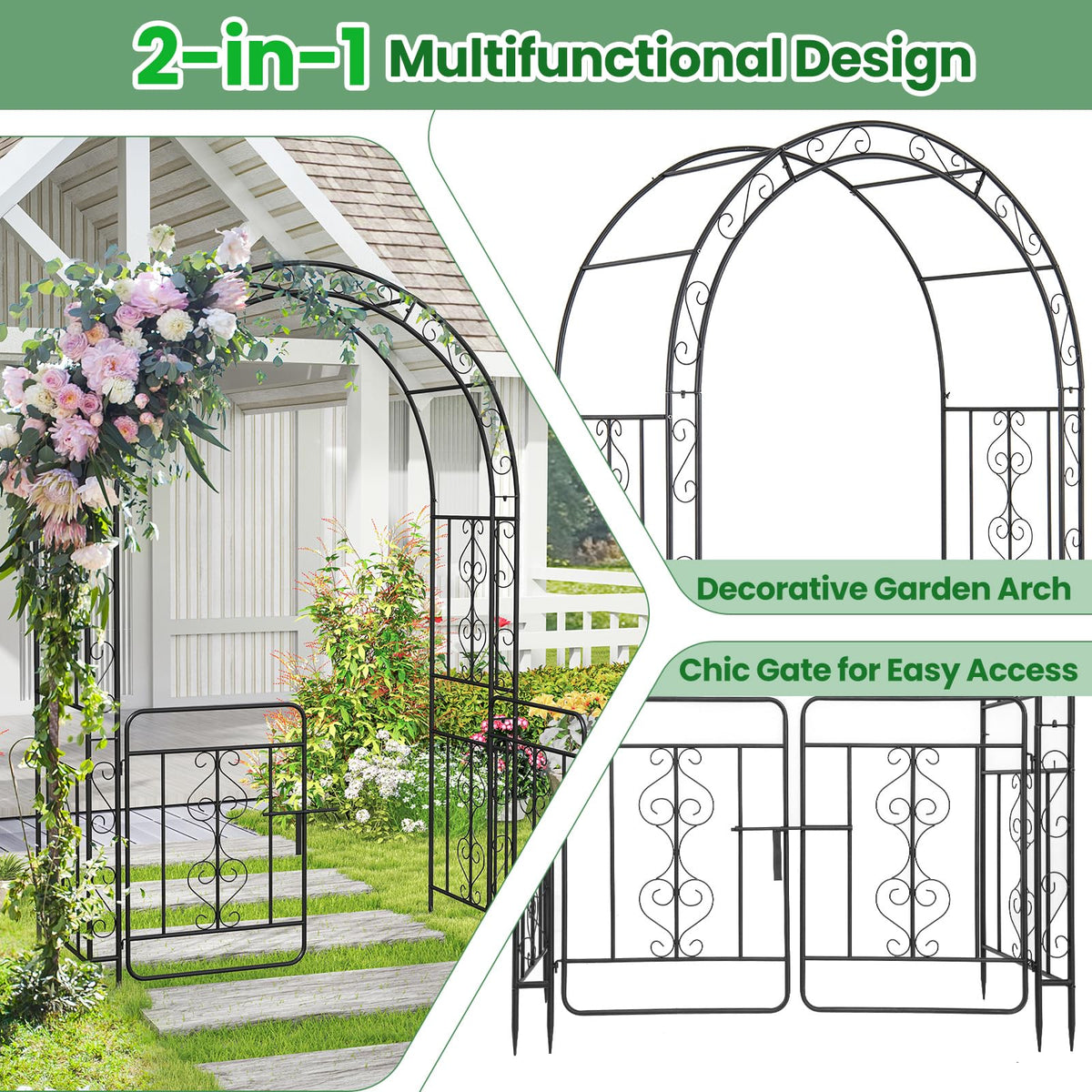 Lucktree Garden Arbor with Gate, 84" H x 54" W Metal Arch Trellis for Climbing Plants Rose Vines