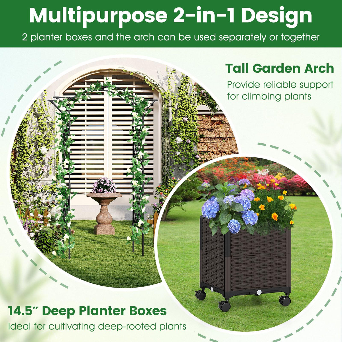 Lucktree 8.2 FT Garden Arch Trellis w/ 2 Self-Watering Planter Boxes