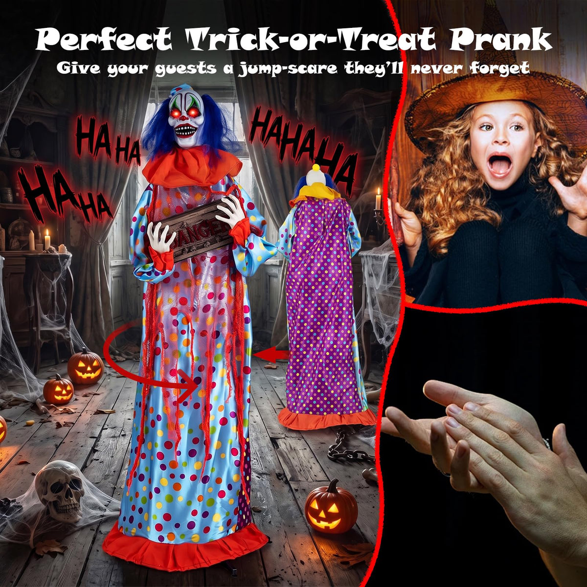 Lucktree 5.6 FT Halloween Animated Clown with Snap-up Head & Glowing Eyes