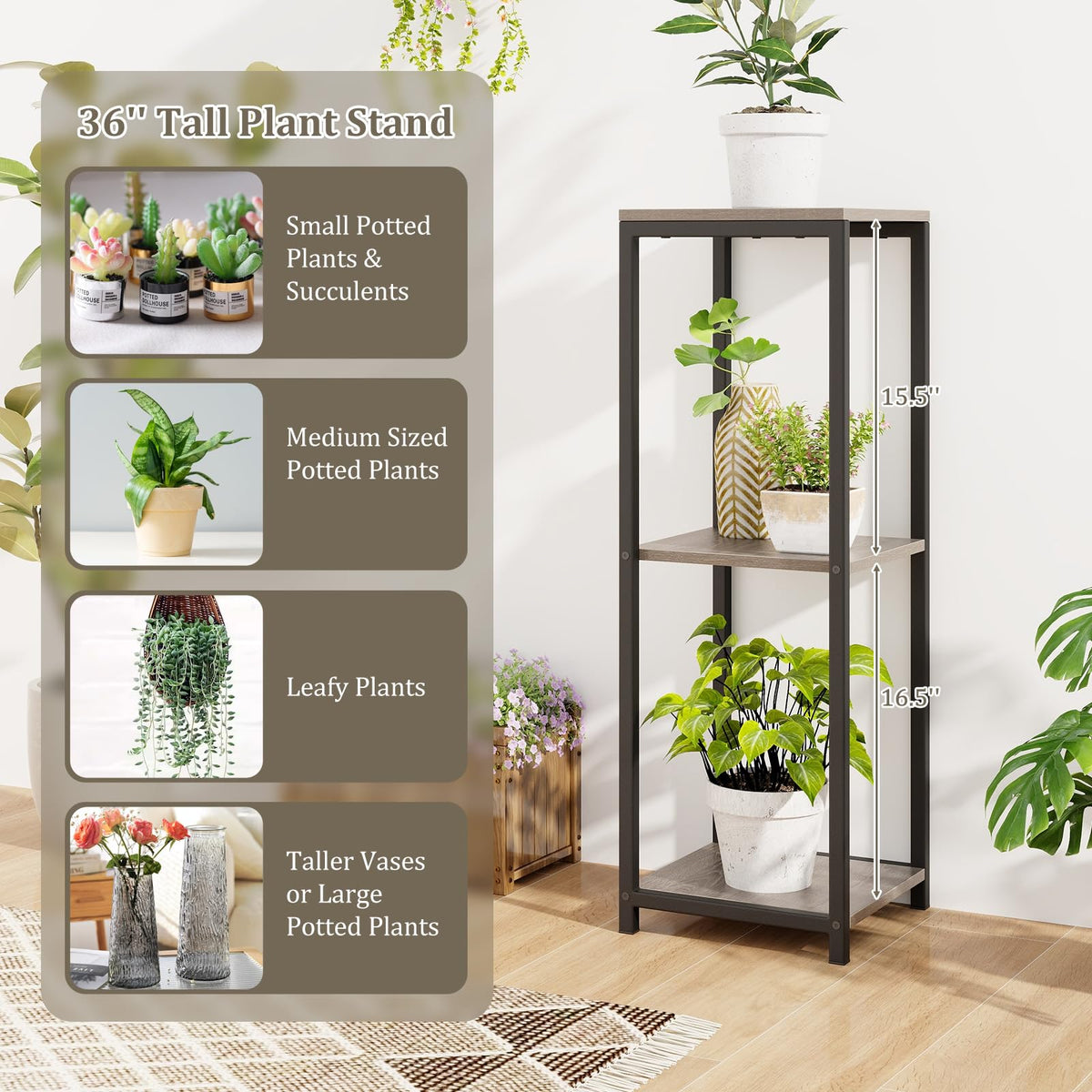 Lucktree 3 Tier Tall Plant Stand Indoor, 36 Inch Corner Plant Holder with Metal Frame