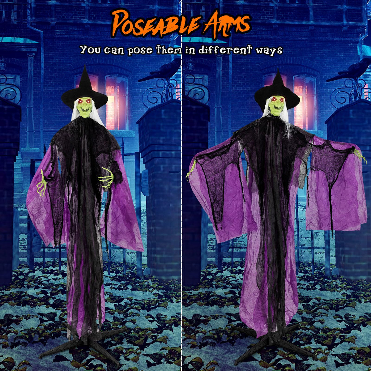 Lucktree 7.2 FT Halloween Animatronic Witch, Animated Standing Poseable Figure with Light up Eyes