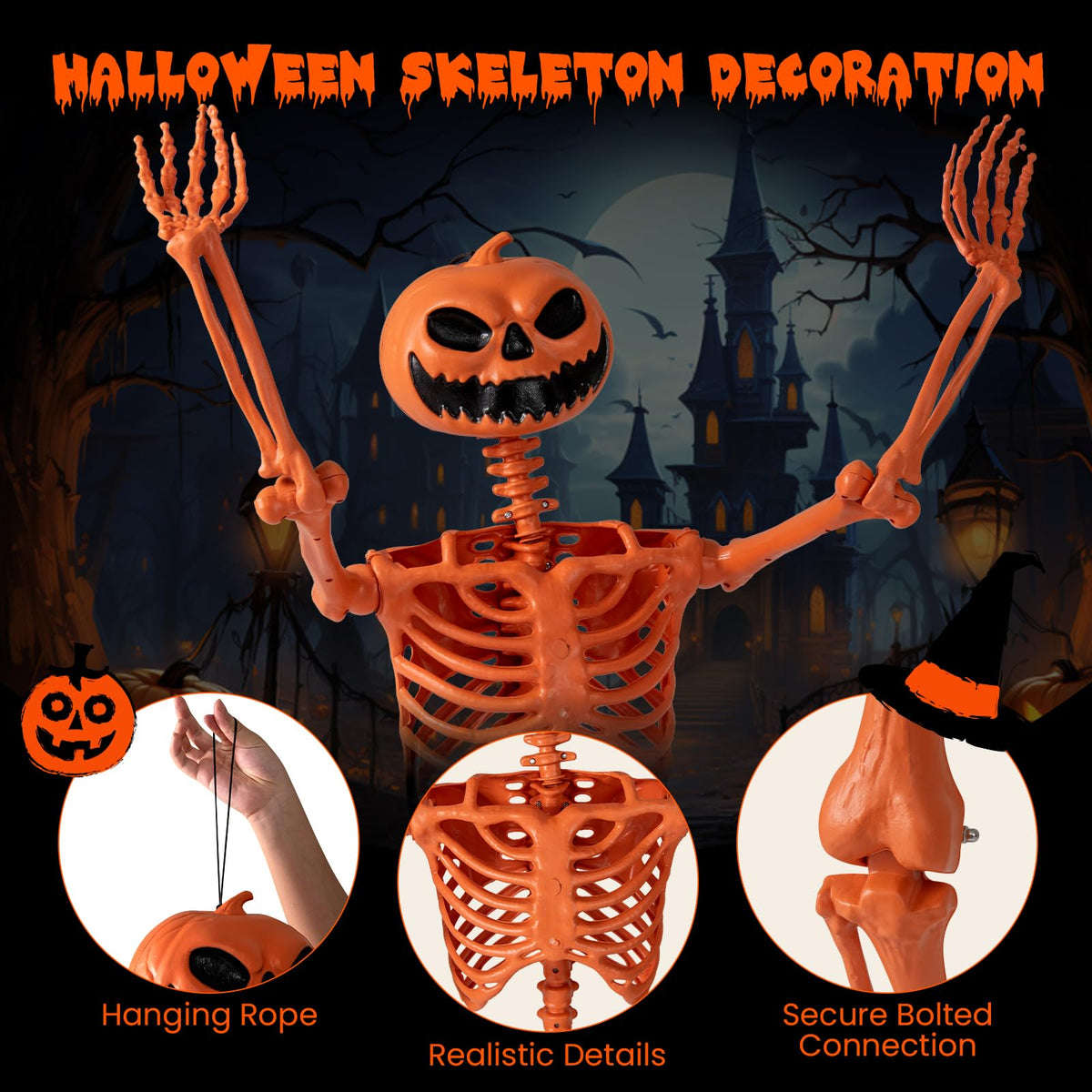 Lucktree 5.2 Ft Life-Size Posable Skeleton with Pumpkin Head Halloween Orange Skeleton Decoration