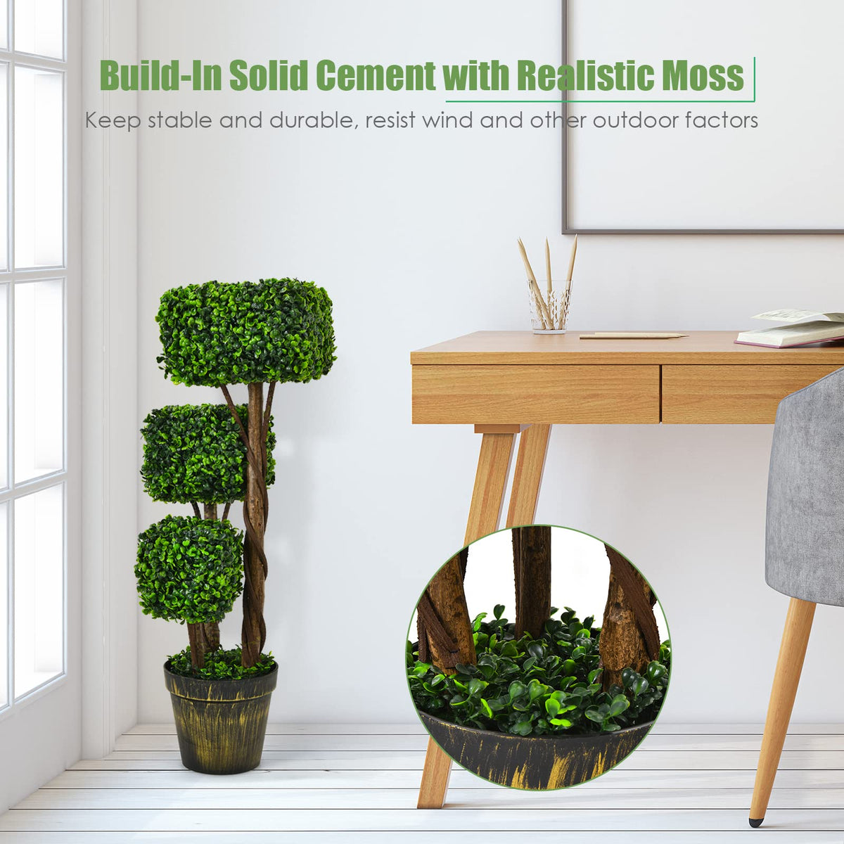36' Artificial Triple Square Shaped Boxwood Topiary Tree W/ Cement-Filled Plastic Pot - LucktreeUS