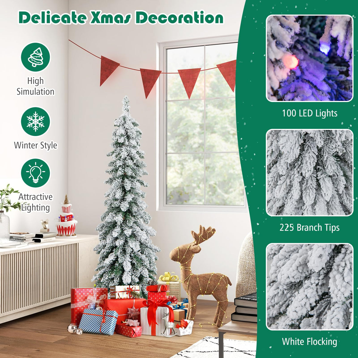Lucktree Pre-Lit Flocked Pencil Christmas Tree Artificial Slim Xmas Tree