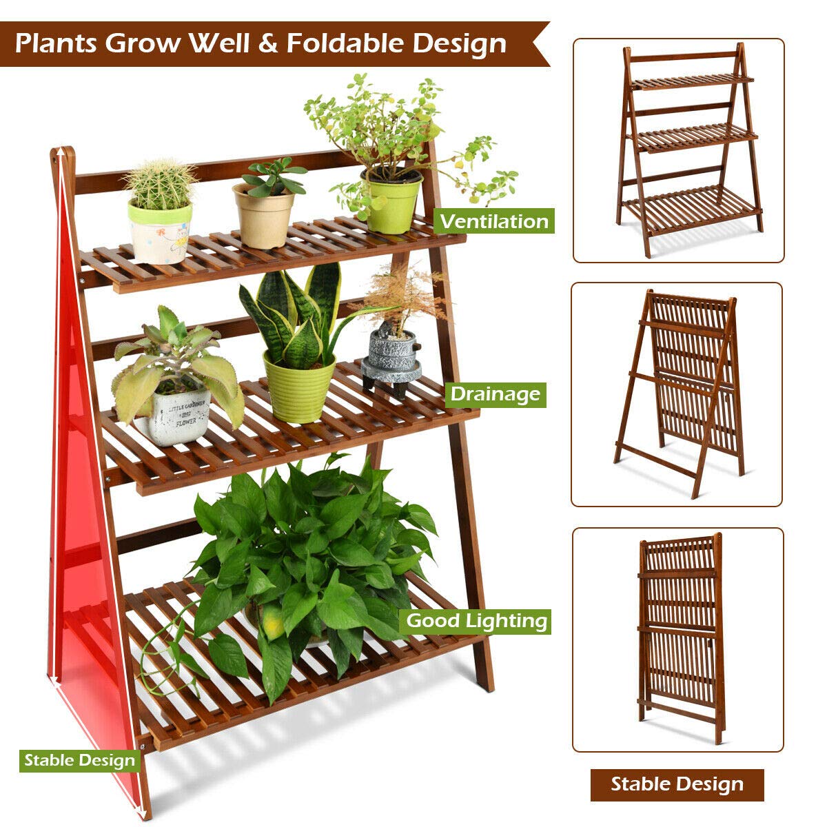 Lucktree 3 Tier Folding Storage Shelf, Bamboo Ladder Plant Stand