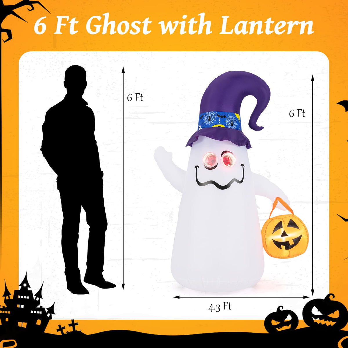 Lucktree 6 FT Halloween Inflatable Cute Ghost with Jack-O-Lantern