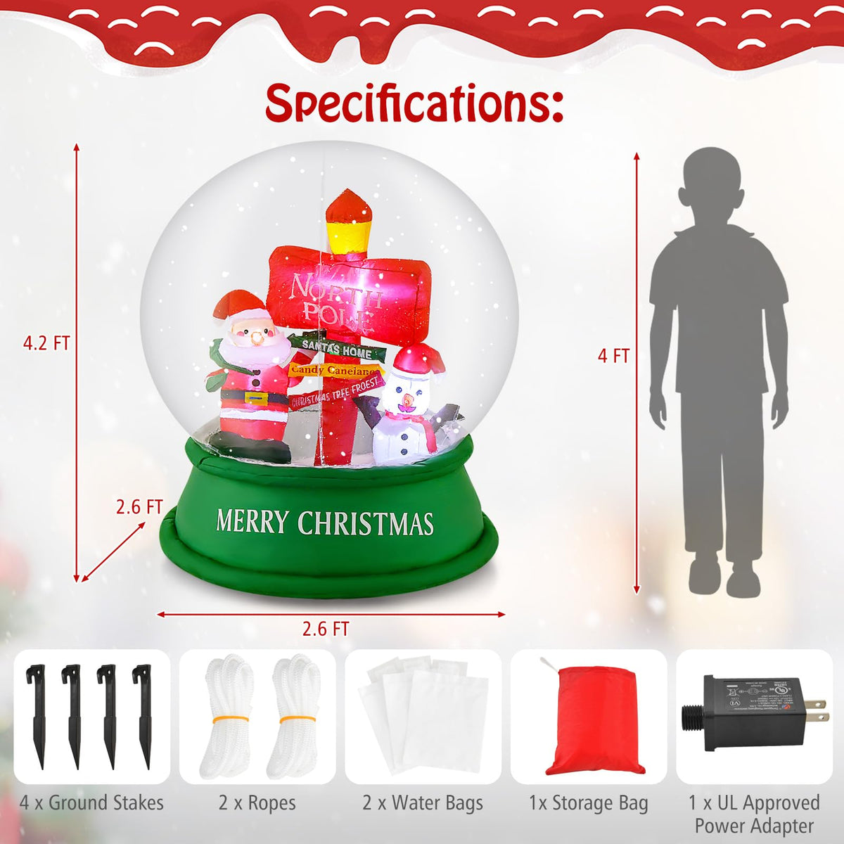Lucktree 4.2 FT Christmas Inflatable Santa Snow Globe, Light Up Crystal Ball with Santa, Snowman & Road Sign