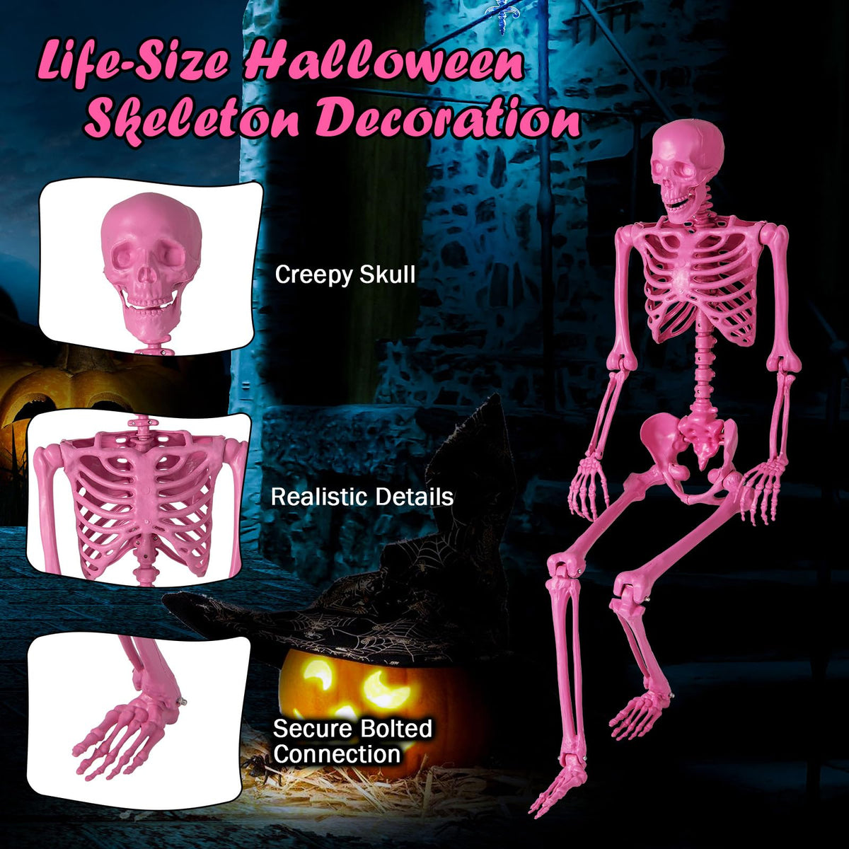 Lucktree 5.5 FT Halloween Pink Skeleton Life-Size Poseable Skeleton with Movable Joints
