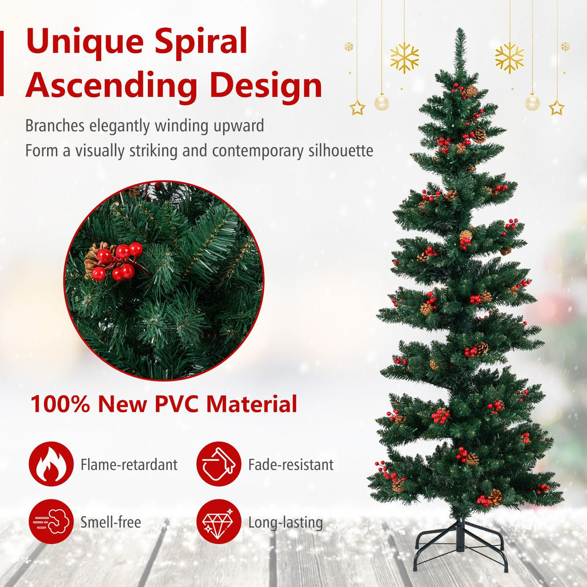 Lucktree 6FT / 7FT Pre-Lit Spiral Christmas Tree with Branch Tips Pine Cones Red Berries