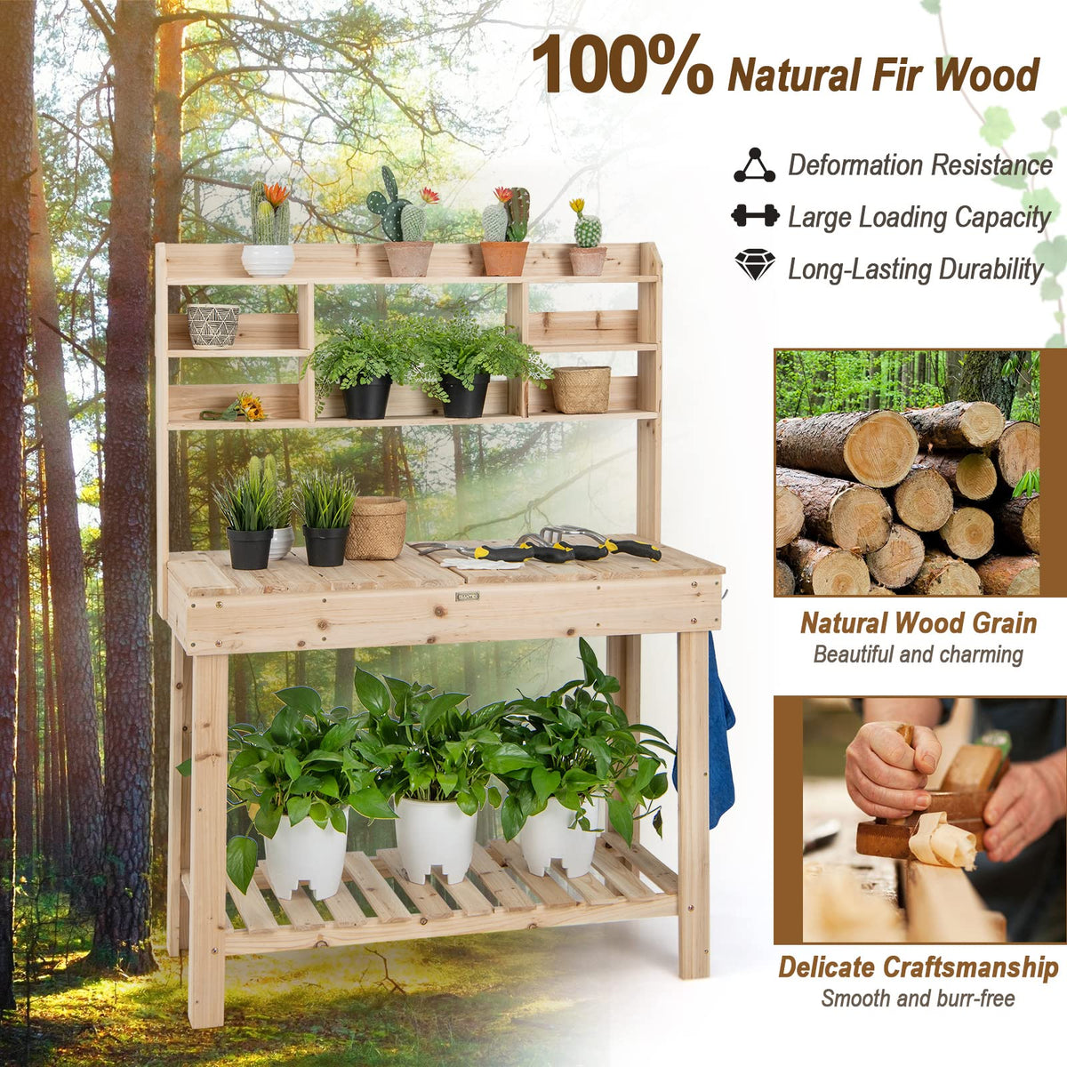 Lucktree Garden Potting Bench Table, Large Workbench Table with Shelves, 43.5"x19.5"x 60.5"