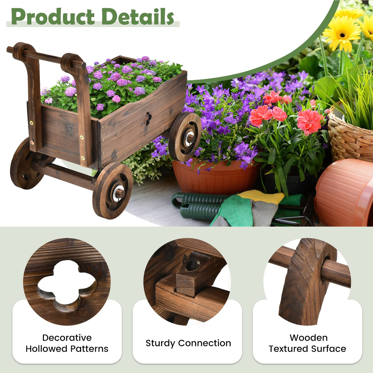Lucktree Wooden Wagon Planter Raised Bed on Wheels, Handle, Drainage Hole