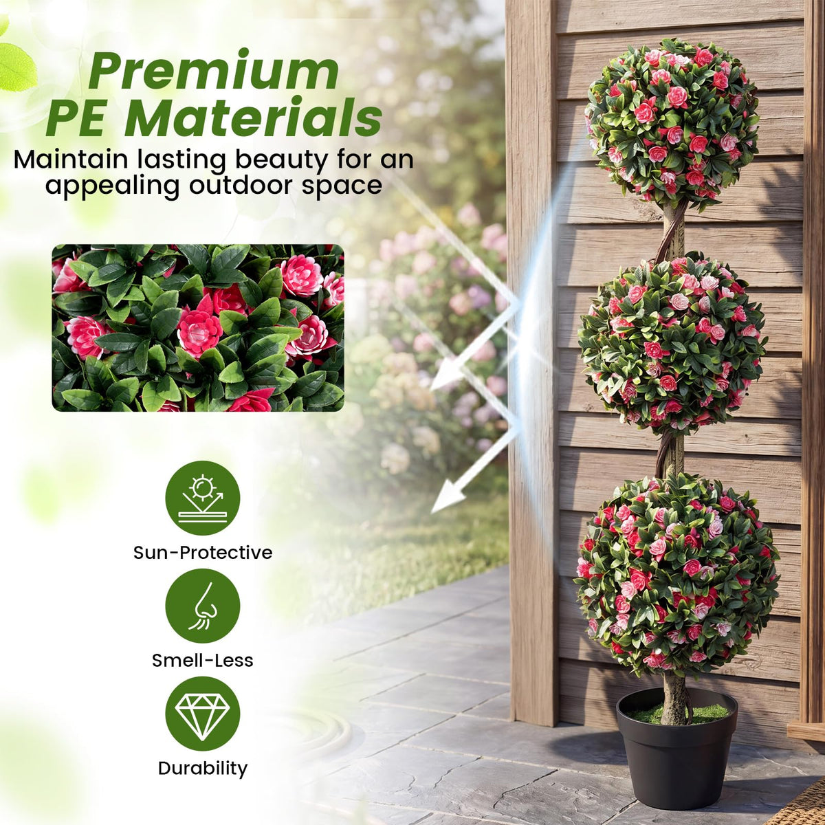 Lucktree 43.5" Faux Potted Floral Plant Artificial Triple Ball Rose Topiary Tree ( 1/2 pack )