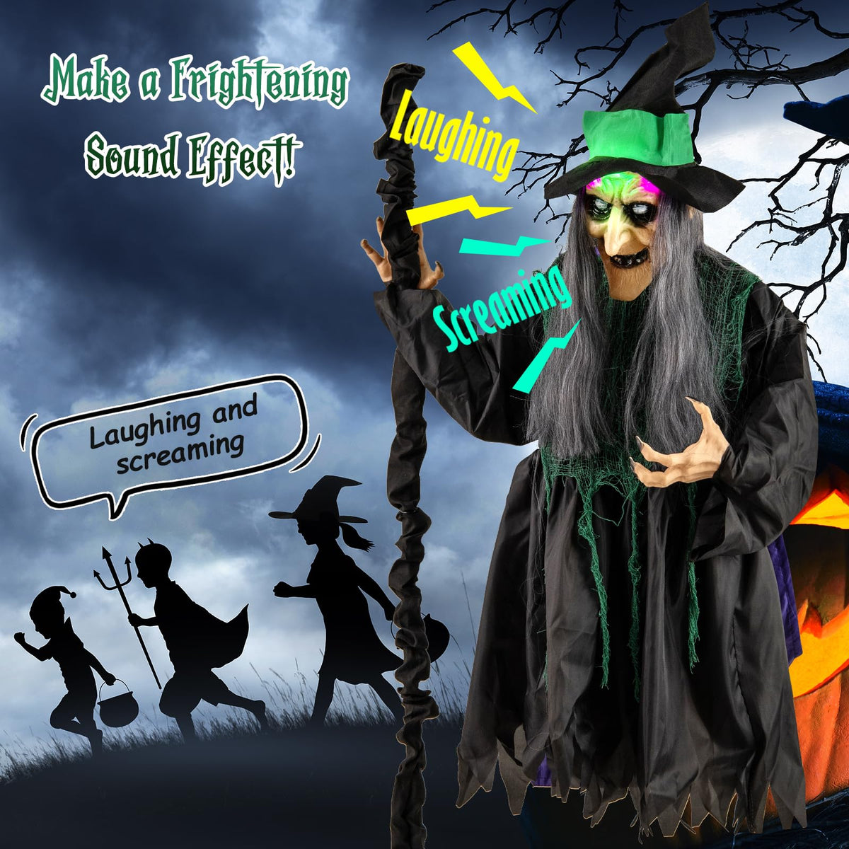 Lucktree Witch with Broomstick Halloween Animatronic, Life Size Animated Halloween Prop with Laughing and Screaming Sound