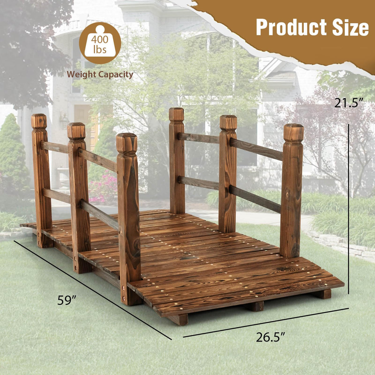 Lucktree 5 ft Garden Bridge - Stained Wood Arc Footbridge Walkway