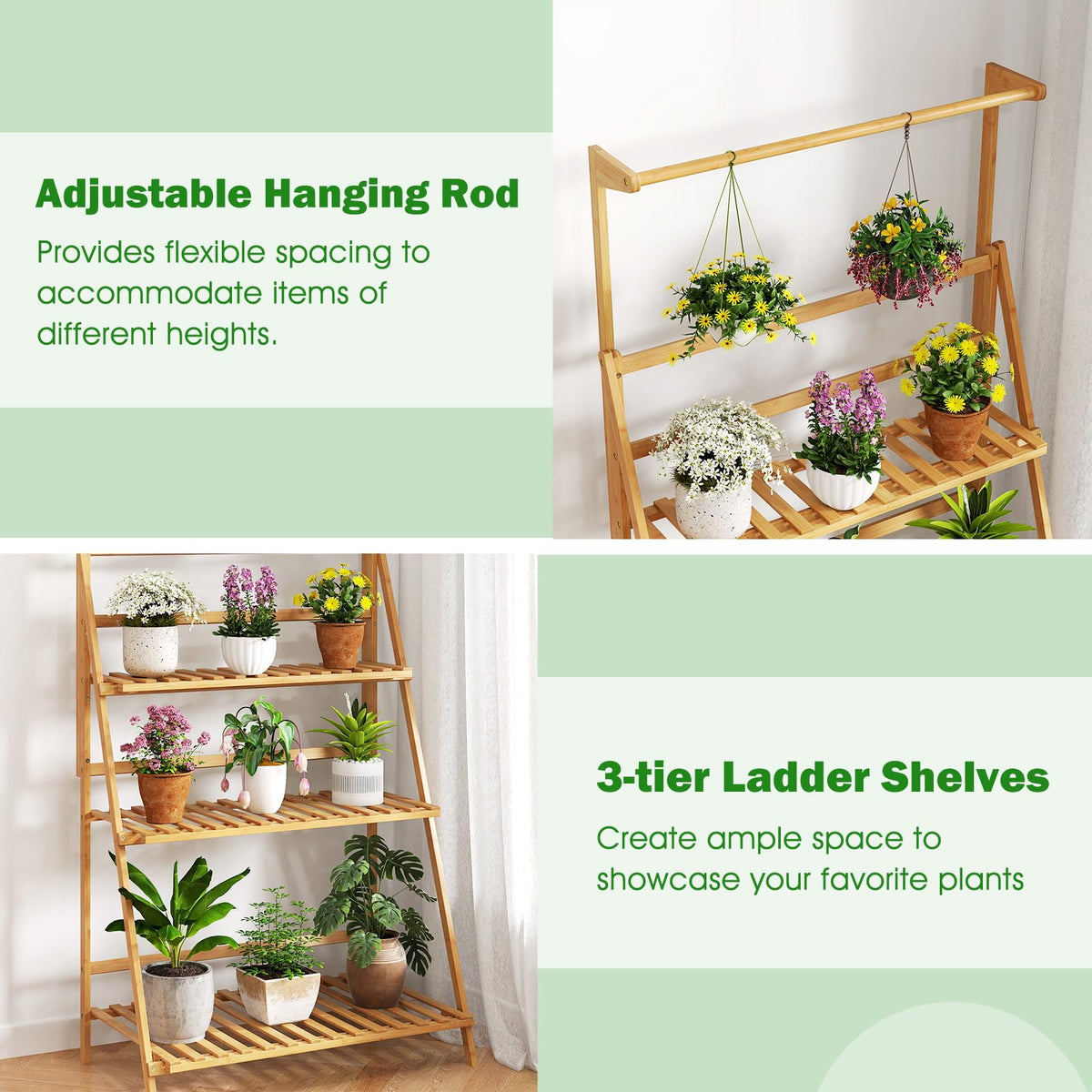 Lucktree Plant Stand Indoor Outdoor - Bamboo 3-Tier Hanging Tall Ladder Flower Pot Display Organizer Rack