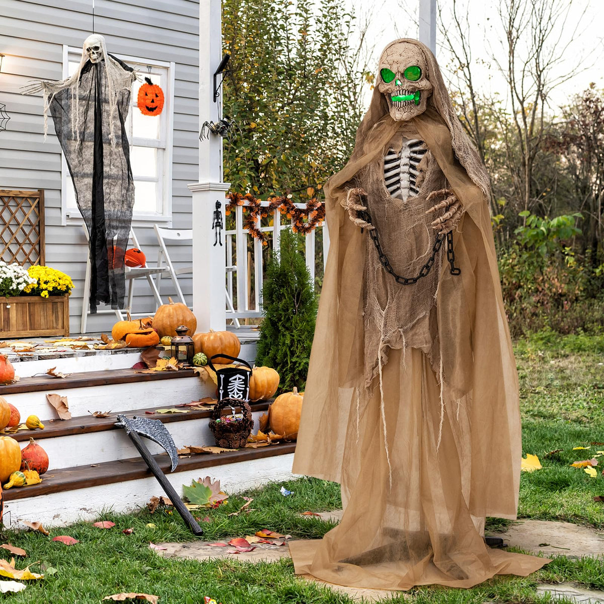 Lucktree 5.6 FT Halloween Standing Animated Skeleton with Chain, Animatronic Skull Grim Reaper with LED lights