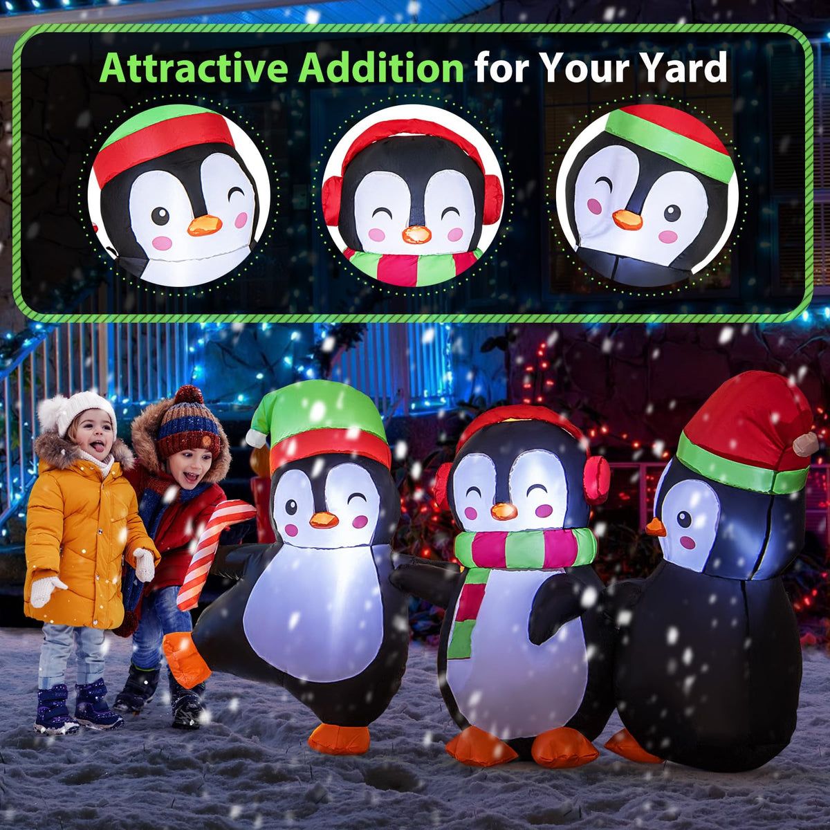 Lucktree 6FT Christmas Inflatables, LED Lighted Xmas Inflatable Penguin Family Hand in Hand