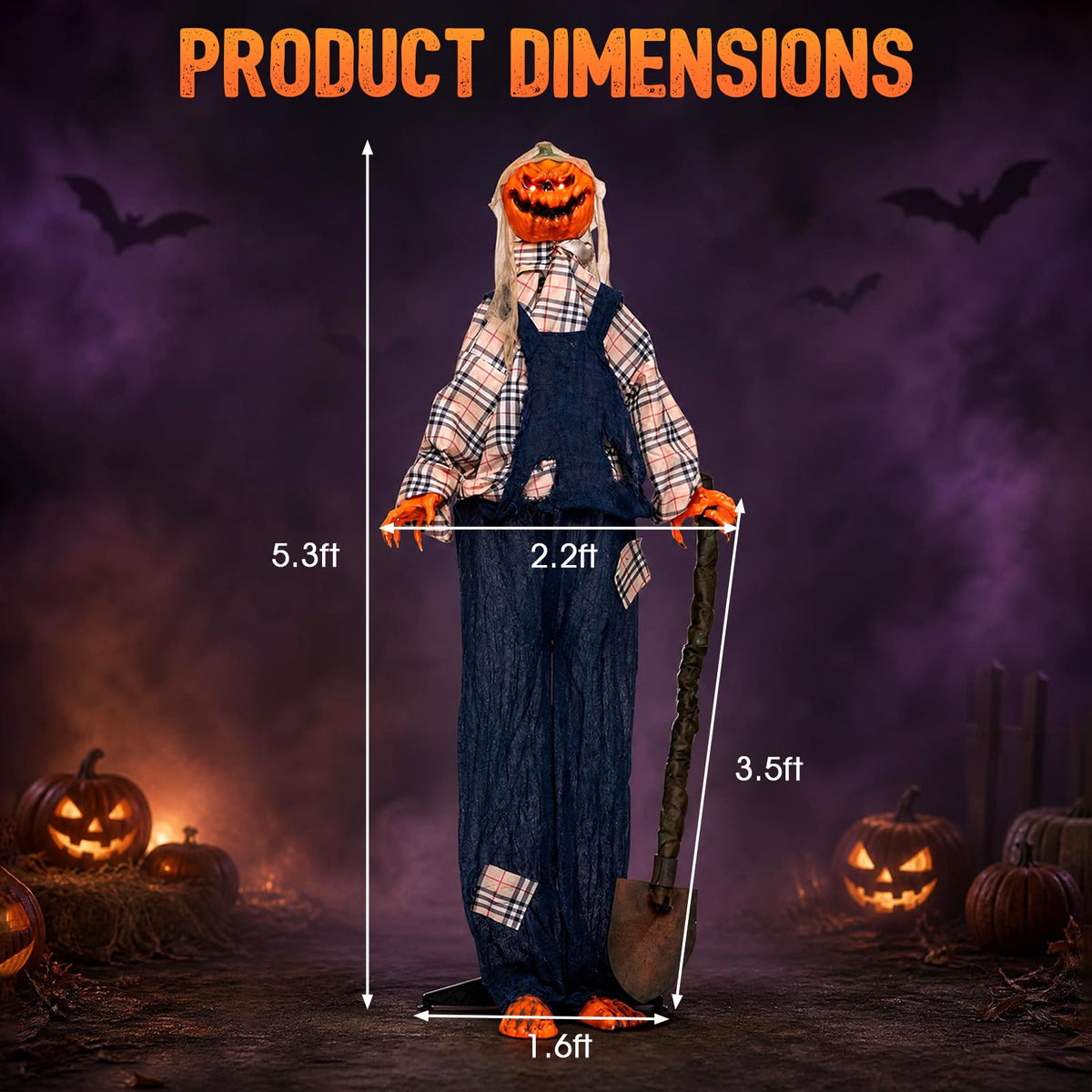 5.3 FT Animated Halloween Standing Pumpkin Scarecrow with Shovel