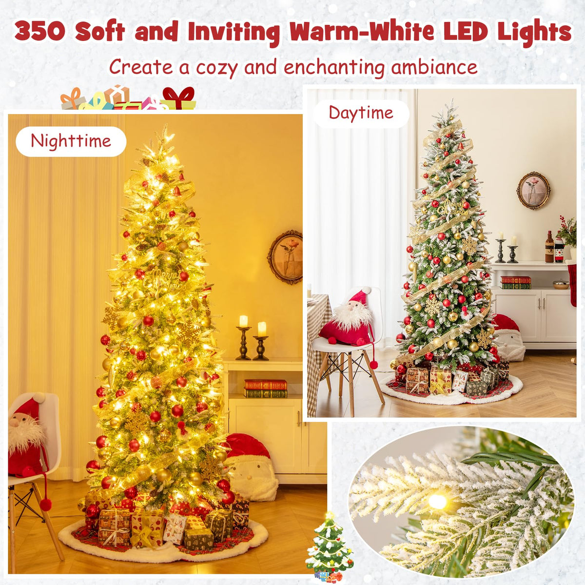 Lucktree 7.5 FT Pre-Lit Pencil Christmas Tree, Artificial Snow Flocked Hinged Fake Slim Xmas Tree with 350 Warm-White LED Lights