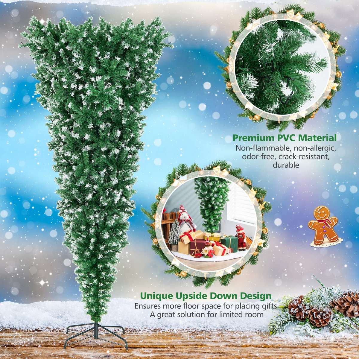 Lucktree 7.5ft Pre-lit Upside Down Christmas Tree, Hinged Inverted Artificial Xmas Tree W/ 1100 Snowy Branch Tips - LucktreeUS