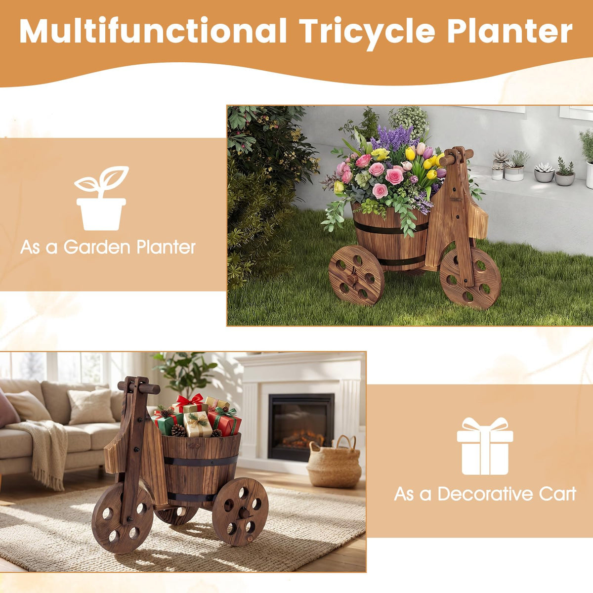 Lucktree Wooden Wagon Planter with Wheels Rustic Wood Plant Stand(Solid Wheel)