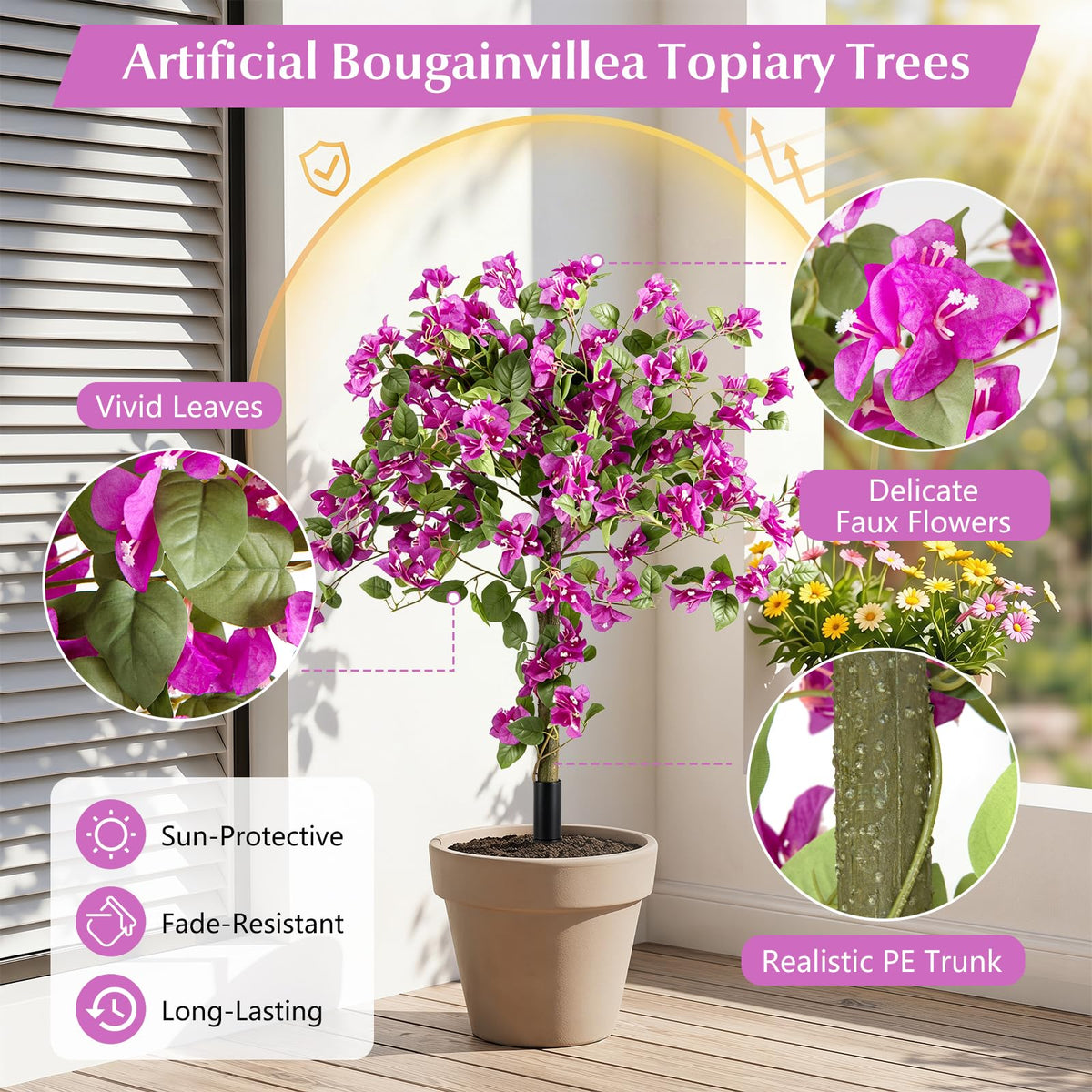 Lucktree 2 Pack Artificial Bougainvillea Trees | 43.5" Sun-Protective Fake Silk Floral Plants