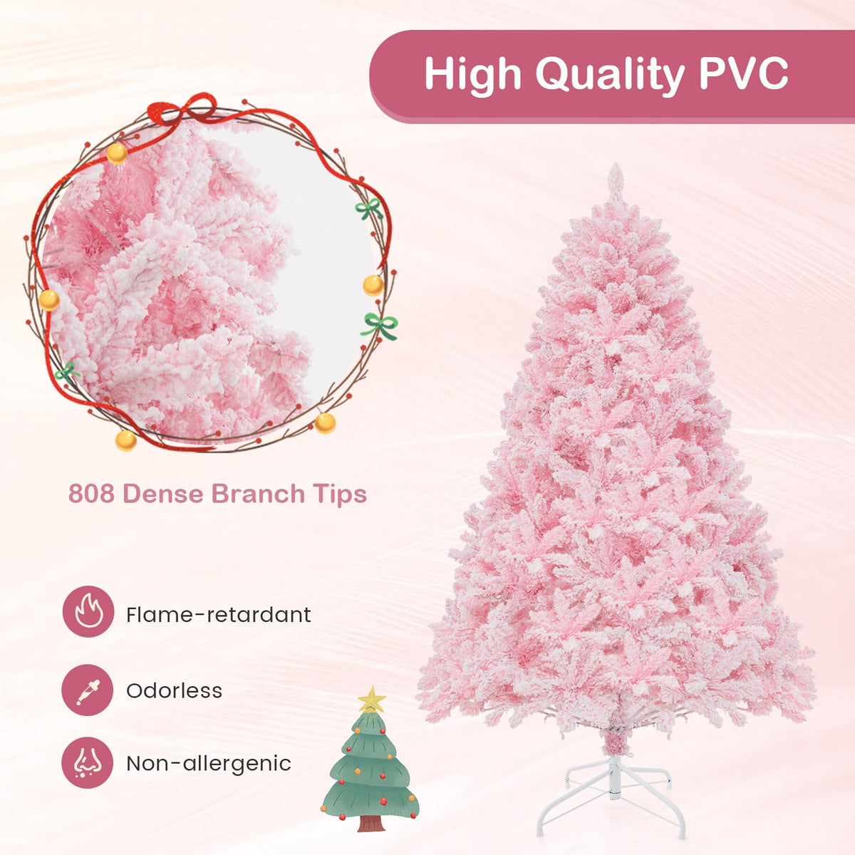 Lucktree 6FT Pink Pre-lit Christmas Tree, Hinged Snow Flocked Artificial Xmas Tree, Seasonal Holiday Decoration for Office Home