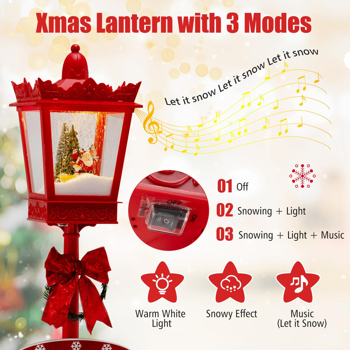 Lucktree 8 ft Musical Christmas Streetlight w/Warm White LED Lights Snowy Effects Santa Scene