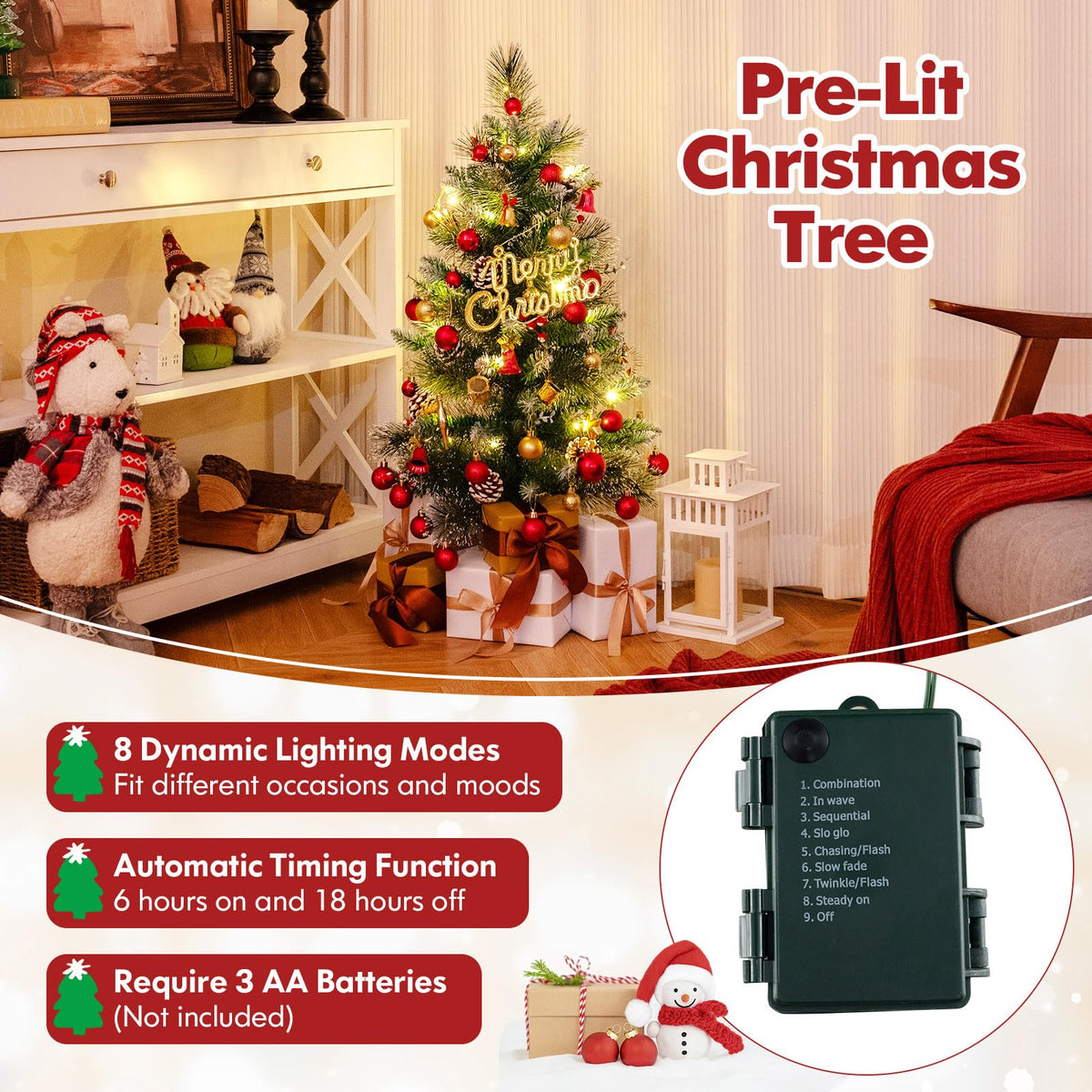 Lucktree 3ft Pre-Lit Mini Tabletop Christmas Tree with 20 Warm White LED Lights, 8 Modes, Timer, 81 PVC & Pine Needles