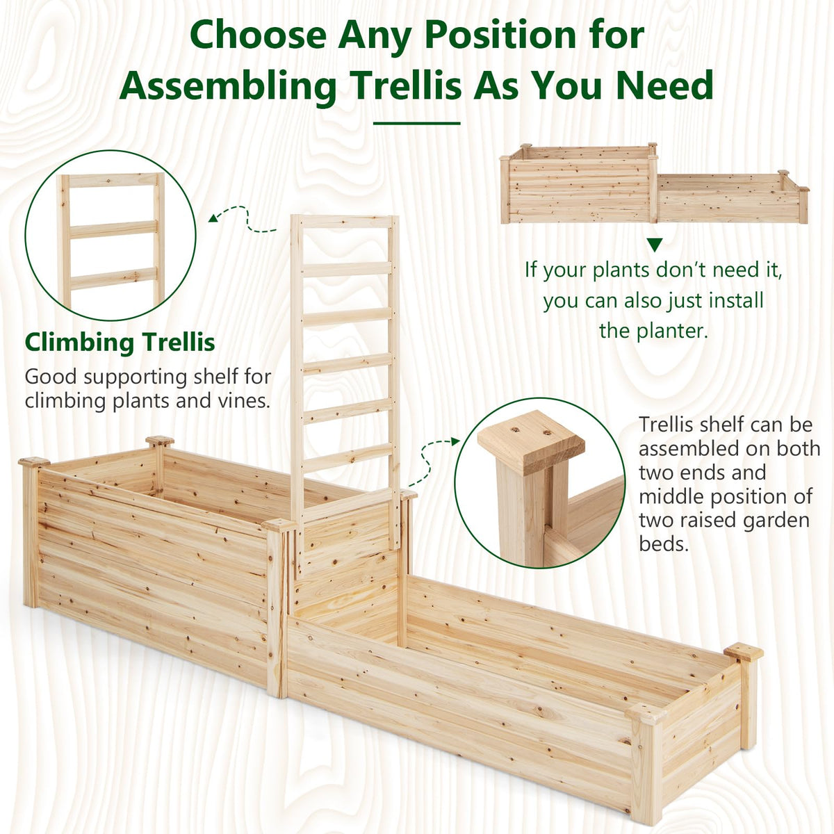 Lucktree Raised Garden Bed with Trellis, Set of 2 Wood Shallow & Deep Planter Box for Climbing Plants